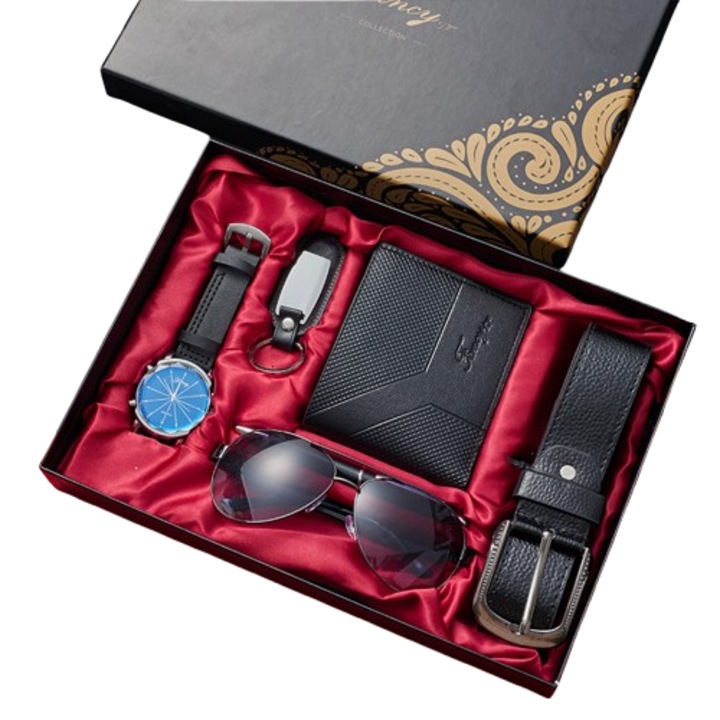 Set Cadou pentru Barbati 6 Piese – Ceas PU + Ochelari Soare Sticla Minerala + Curea PU + Portofel Eco-Piele + Stilou + Breloc | Cutie Cadou Eleganta – Ideal Ziua Tatalui / Ziua Iubirii