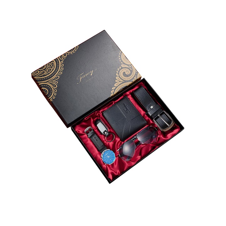 Мъжки подаръчен комплект 6 части - часовник, слънчеви очила, колан, портфейл, химикал, ключодържател, черен, размер на кутията 29.5x21x4.5cm