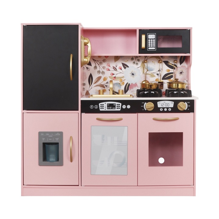 DacEnergy gyerekkonyhai készlet, MDF-ből és fából, rozsdamentes acél tartozékok, palatábla, mikrohullámú sütő, elektromos főzőlap, LED lámpa, 80 x 24 x 80 cm, pasztell rózsaszín és arany