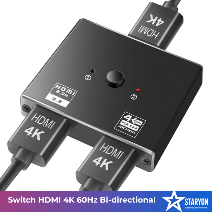 Switch HDMI 4K 60Hz Bi-directional 1x2 / 2x1 AB Supporta UHD 4K 1080P 3D HDR HDCP Staryon®, Fara Nevoie de Alimentare, Negru