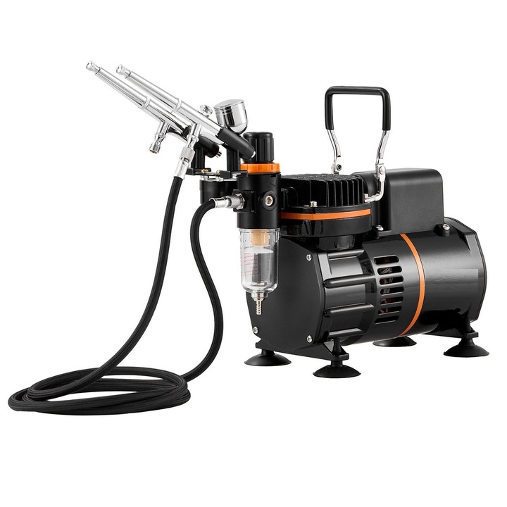 Kit aerograf multifunctional cu compresor, 3 pistoale, duze 0.2, 0.3, 0.8 mm, 23-25 l/min, 1-3.5 Bar, 47 dB, 120 W