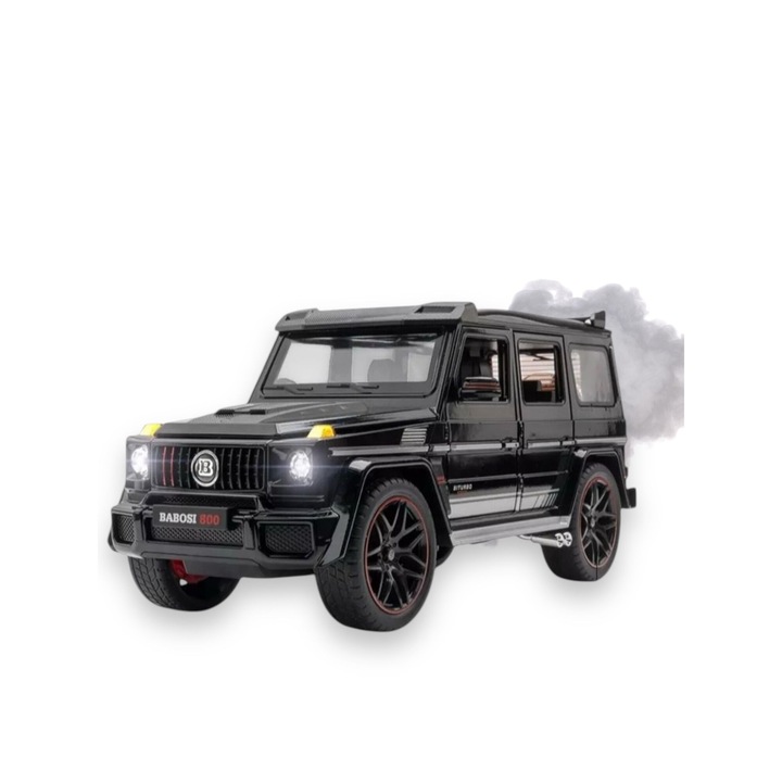 Mercedes G-osztályú Brabus modell, víz bázisú füst, fém, valósághű fényekkel és motorhangokkal és riasztóval, visszahúzó funkcióval, ajtónyitó és forgató funkcióval, fekete