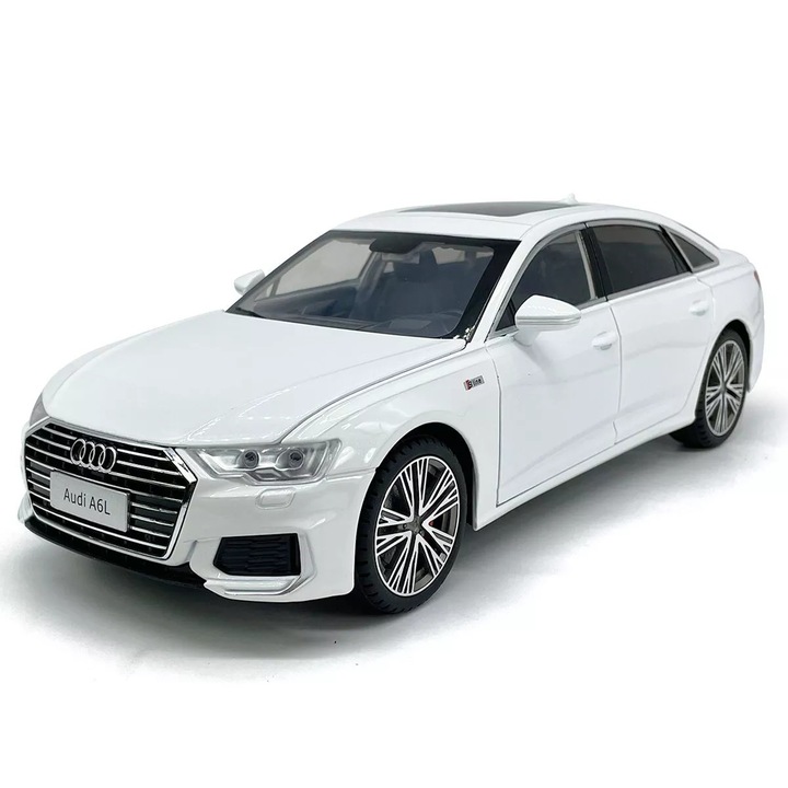 Audi A6L modell, 1:18, fémből, valósághű motor és riasztó fényekkel és hangokkal, visszahúzó funkcióval, ajtónyitó funkcióval - Fehér