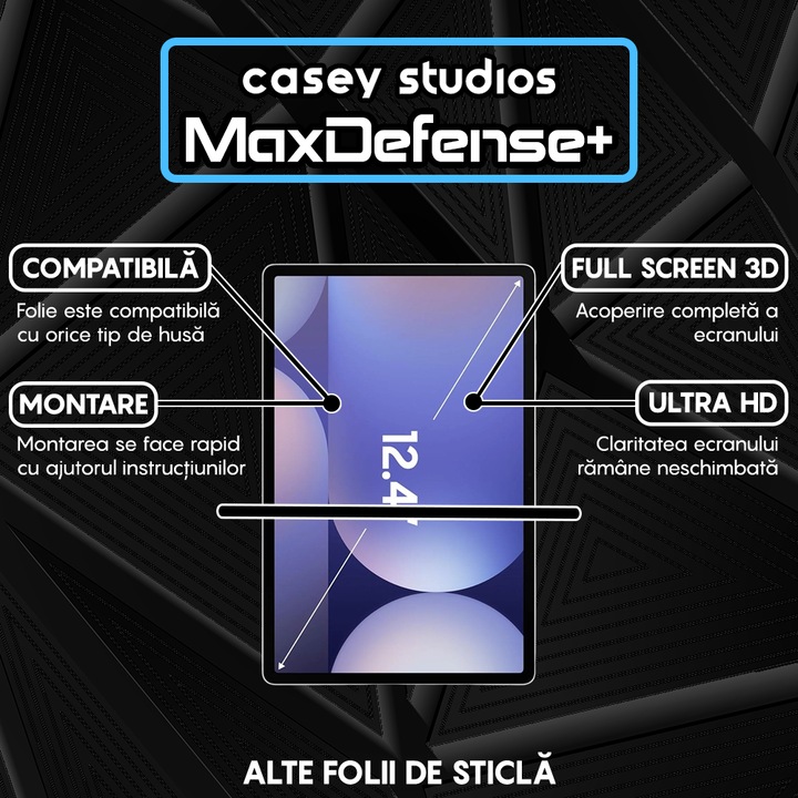 Folie Sticla CASEY STUDIOS™ pentru Samsung Galaxy Tab S10 Plus, Full Cover 3D, Full Glue, Sticla Securizata, Duritate Militara, Ultra HD, Protectie Profesionala Ecran 3D, Anti Zgarieturi, Anti Socuri