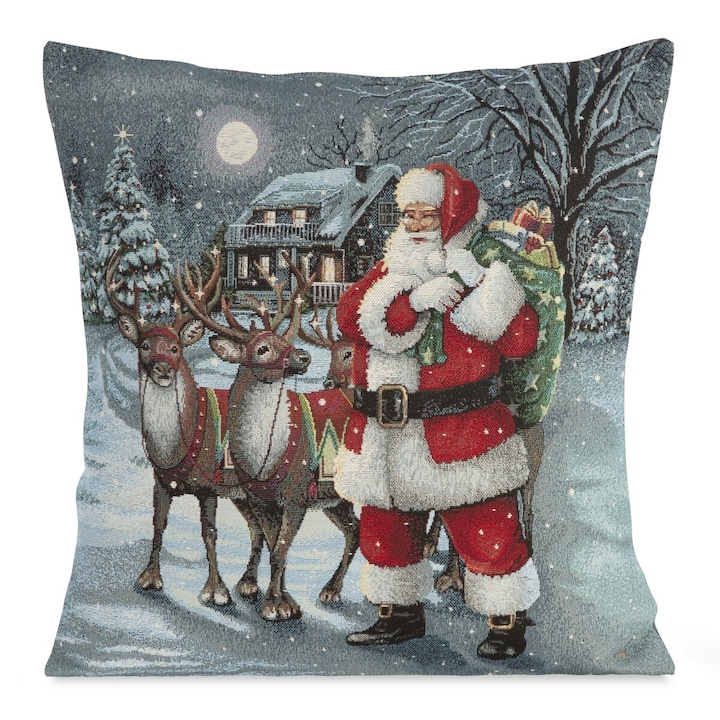 Karácsonyi párnahuzat vegyes szálból, Mikulás mintával díszítve 45 x 45 cm Eurofirany szürke