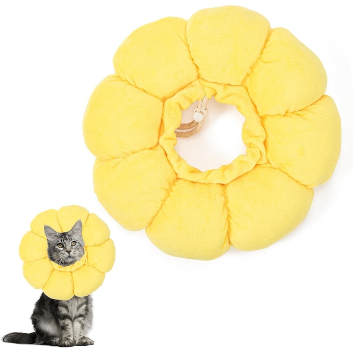 Guler de protectie pentru pisici, Vaxiuja, design floare, ajustabil, 14-22cm, galben