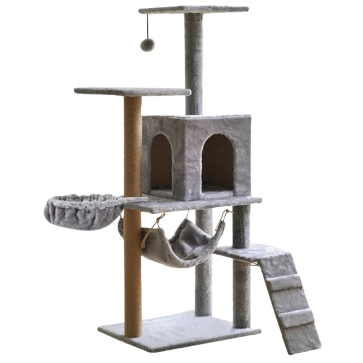 Игрален комплект за котки, Omna, въже с една топка за игра, три платформи за наблюдение, удобна бърлога, височина: 138 см, ширина: 48 см, основа: 48 см x 34 см, сив