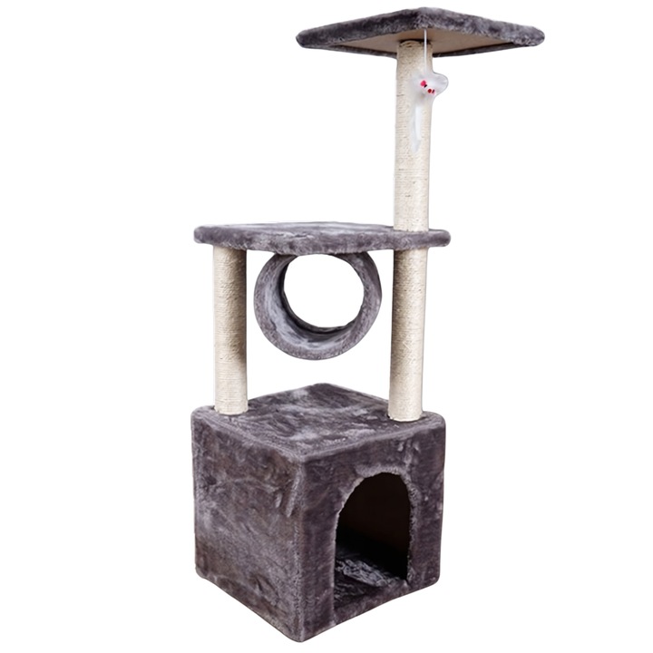 Стълб за драскане, мишка за игра, прът със сизалено въже, тунел, основа: 31X31 см, тунел: Ø 15 см, обща височина: 93 см, сиво/бежово