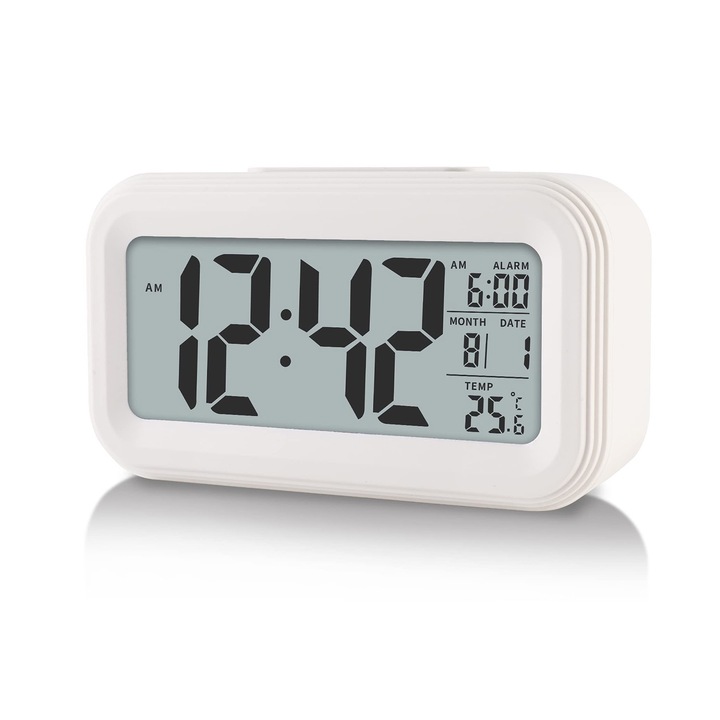 Ceas pentru dormitor cu alarma digital, Vaxiuja, ceas de masa cu numere mari, indica temperatura, data, afisaj LED, are buton de amanare, alb