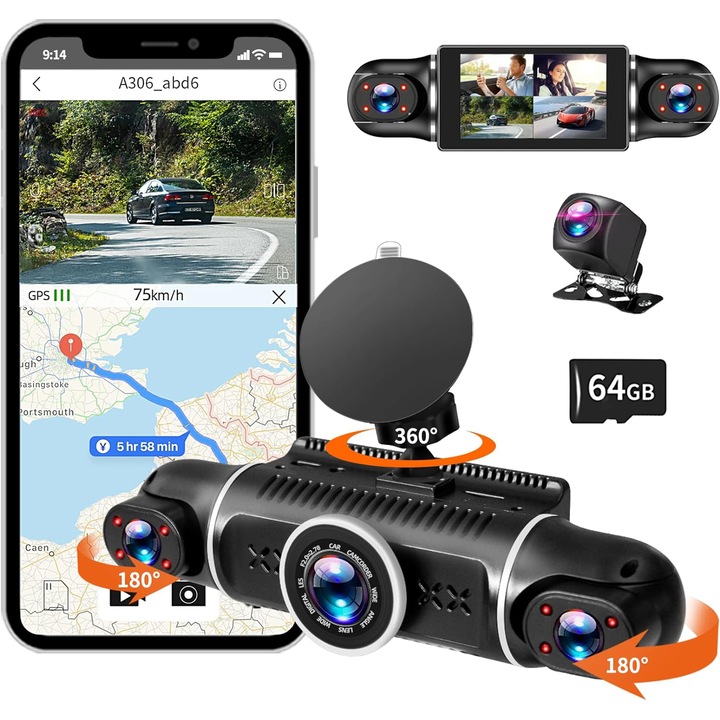 DVR камера за кола, WALALLA, 4 канала, 1080P, WiFi, GPS, 64GB, черна