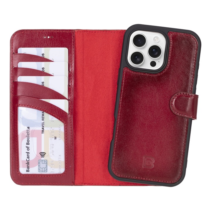 Калъф за iPhone 16 Pro Max, Bouletta Magic Wallet, съвместим с MagSafe, естествена кожа, 2 в 1 портфейл и заден капак, цвят Червено Burnished red