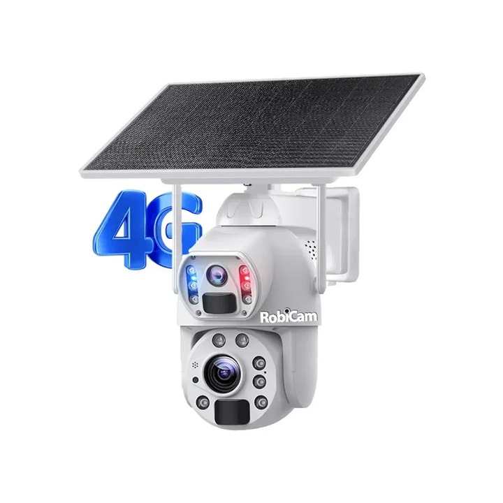 Kettős 4G napelemes kamera, fehér, optikai zoom, infravörös lézerek éjszakai látáshoz akár 100 méterig, RobiCam, napelemes, 6 MP, Ultra HD, 20X zoom