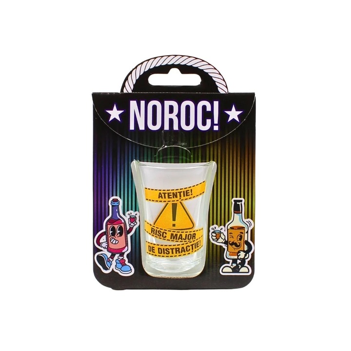 Pahar pentru shot, 7cm, cu mesajul Atentie! Risc major de distractie