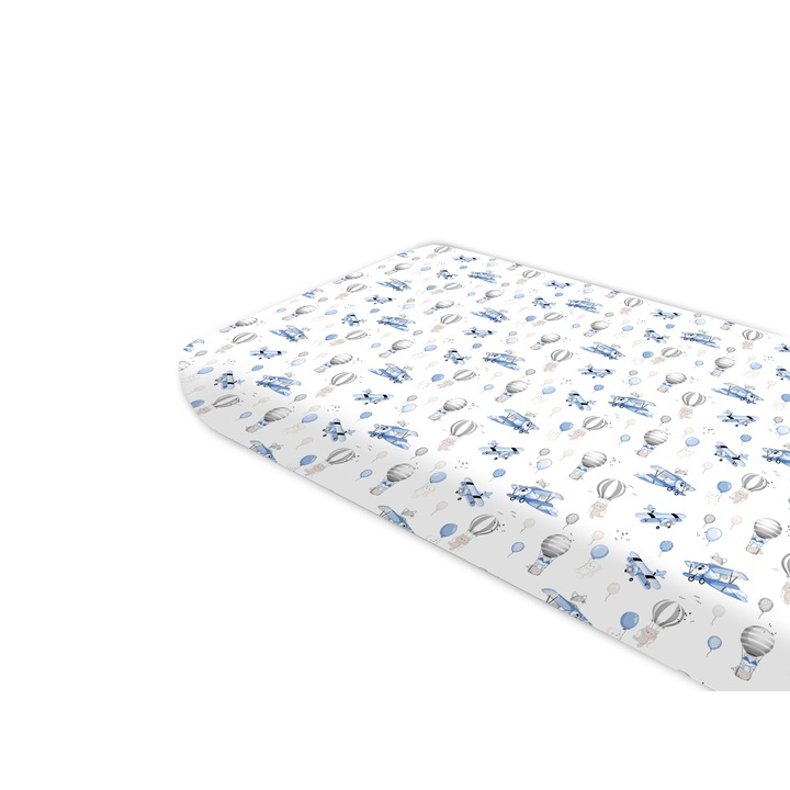Чаршаф с ластик, MimiNu, За легло 160X80 см, Oeko Tex Standard 100 сертифициран памук, Blue Plane