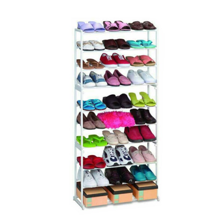 Pantofar din Metal cu 10 Rafturi Ideal pentru Incaltaminte, Economic, Depozitare Simpla pe Podea, Asambalare Usoara, 25 cm x 52 cm x 140 cm, Alb