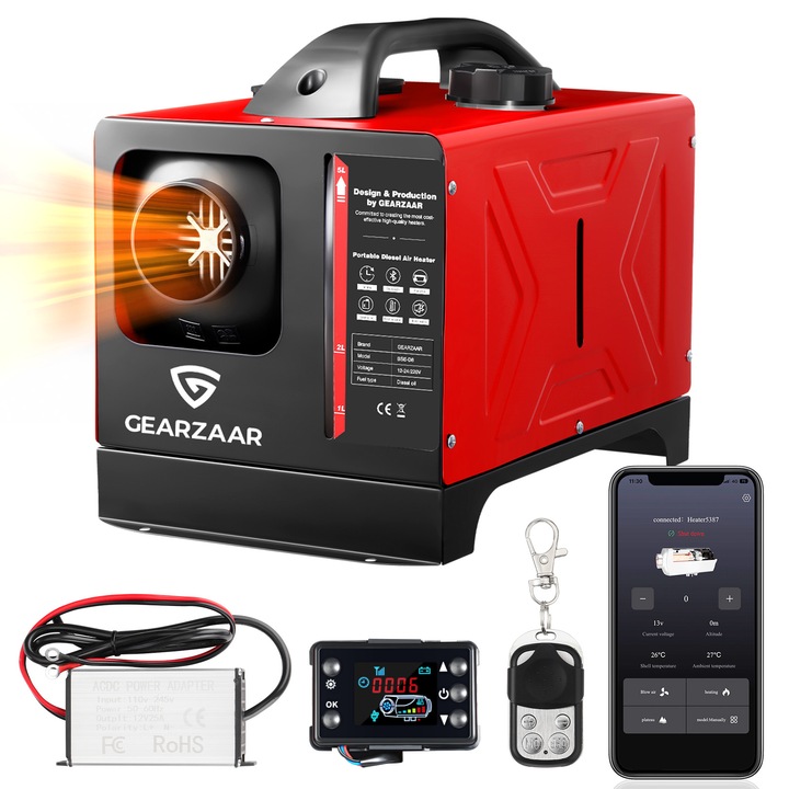 Incalzire stationare, cu amortizor de zgomot, 8KW, 12V/24V, Motor Diesel, Bluetooth Control via the app, Telecomanda, Auto/Rulota, Rosu