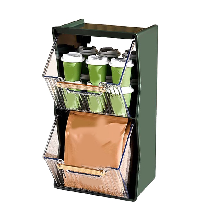 Cutie depozitare pliculete de ceai Cozevdnt, 2 straturi, plastic, verde, 15.5x25.5x13.5cm