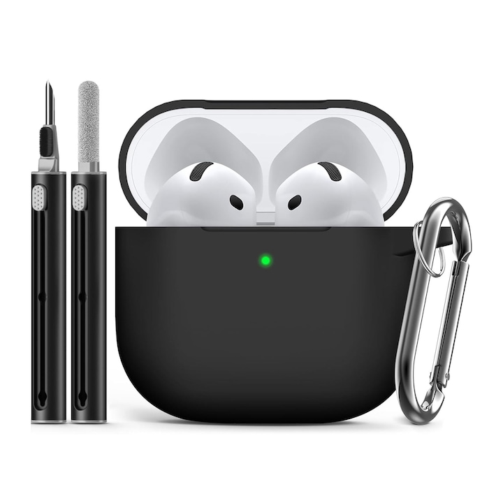 Husa Silicon Protectie, pentru AirPods 4, din Silicon Moale, cu carabina si kit de curatare, Usor de folosit, OUYLAF, negru