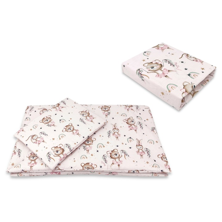 Lenjerie patut cu 3 piese, MimiNu, Cu cearceaf 120x60 cm, Pilota, Pernuta, Din bumbac certificat Oeko Tex Standard 100, Design, Little Ballerina Pink