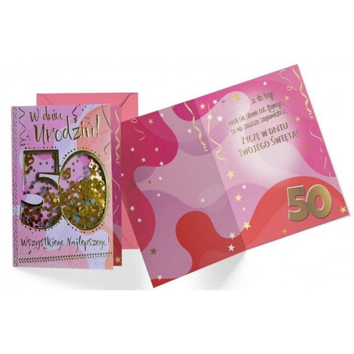 Felicitare B6 konfetti KNF-038 Urodziny 50, Kukartka, decorata cu confetti, cu envelopa, 16.6x11.7cm