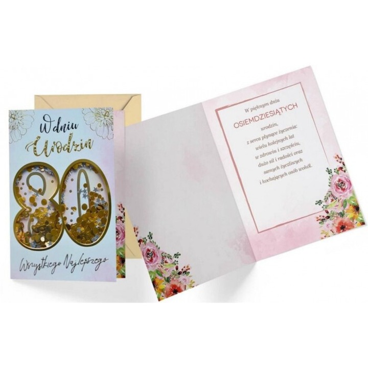 Felicitare B6 Kukartka konfetti KNF-043 Urodziny 80, decorata cu confetti, 16.6x11.7cm, cu envelopa inclusa