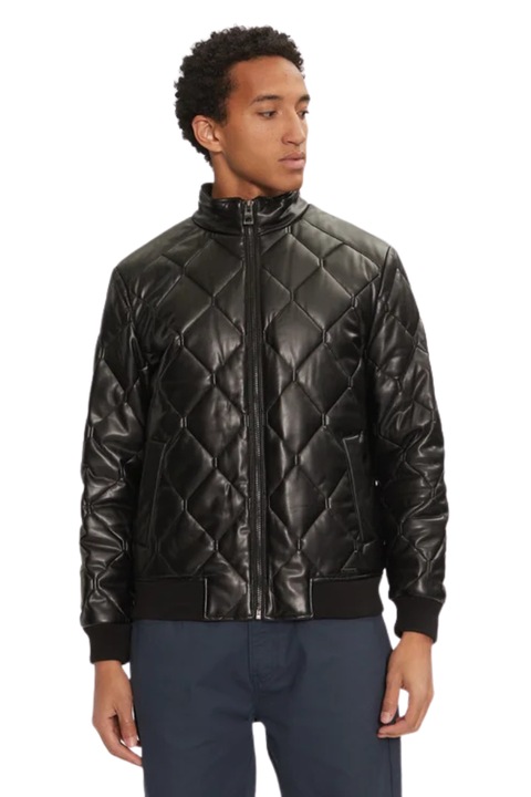 Jacheta Bomber Guess pentru barbati, piele naturala, negru