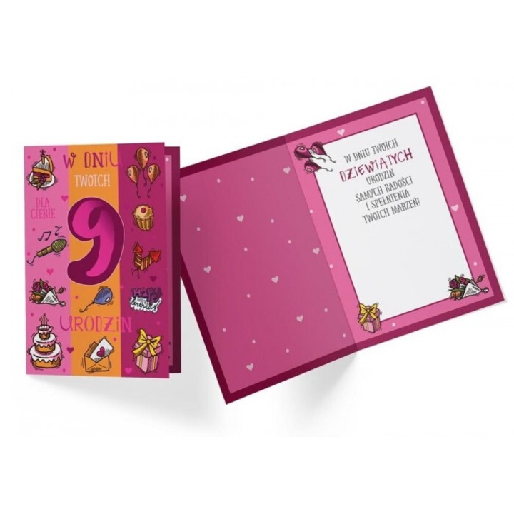 Felicitare KUKARTKA PR-333 Születésnap 9 lányoknak, fémfóliával és csillámmal díszítve, színes belső, teljes készlet borítékkal.