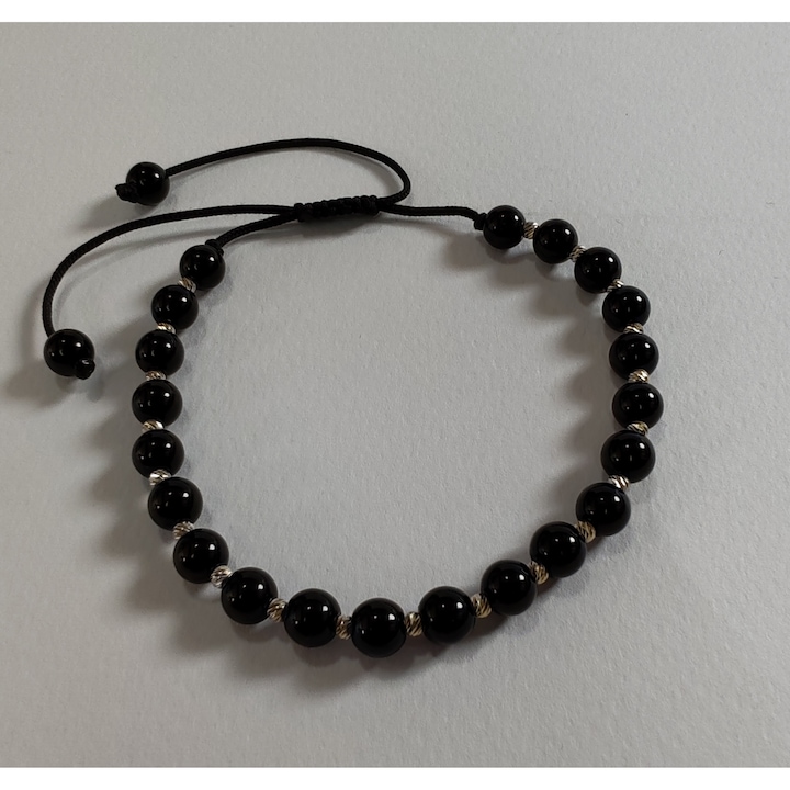 Bratara cu 20 bile din Aur 14 k si bile din Onix lucios ( natural ), pe snur reglabil