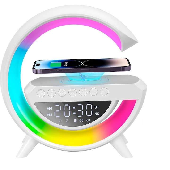 Hordozható hangszóró, Bluetooth, vezeték nélküli töltés, LED, 13 világítási mód, fehér