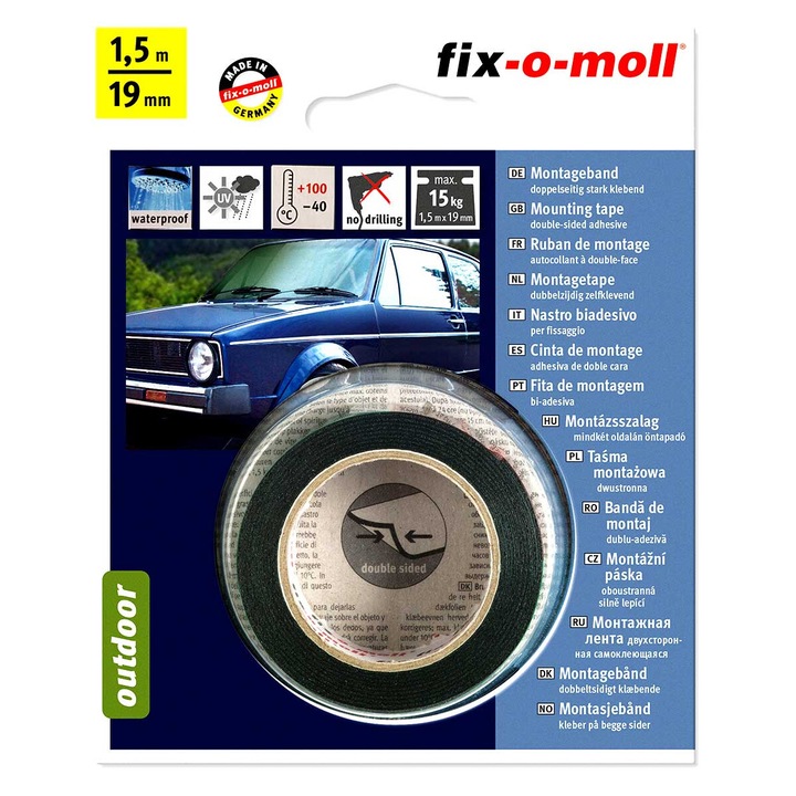 Двойнозалепящо тиксо, Fix-o-moll Германия, За открито, До 15 кг, Черно