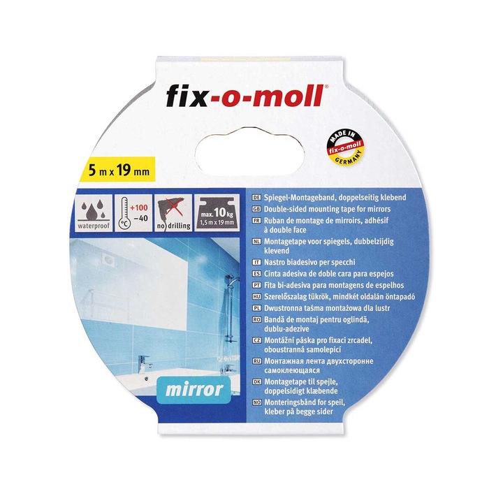 Двойнозалепяща лента, Fix-o-moll Германия, За огледала, 5 м х 19 мм, До 10 кг/1.5 м, бяла