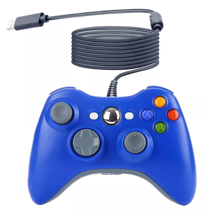 Xbox 360 vezetékes kontroller, 12 gomb, rezgés, ergonomikus, kék, 2,2 m-es kábel