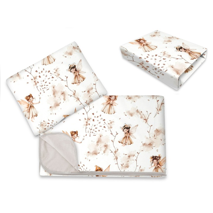 Lenjerie patut cu 3 piese, MimiNu, Cu cearceaf 120x60 cm, Din bumbac certificat Oeko Tex Standard 100, Cu paturica si pernuta, Fairy