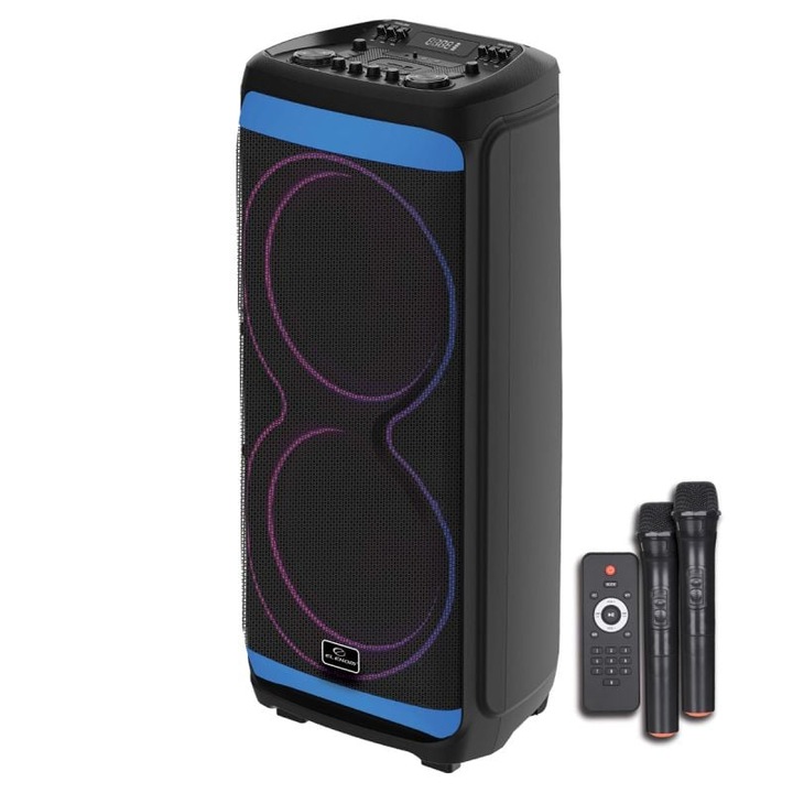 Преносима Тонколона EK-1299 XB "2x15" EXTRA BASS, 2400 W, 2 микрофона, LED осветена, На колелца за лесно пренасяне