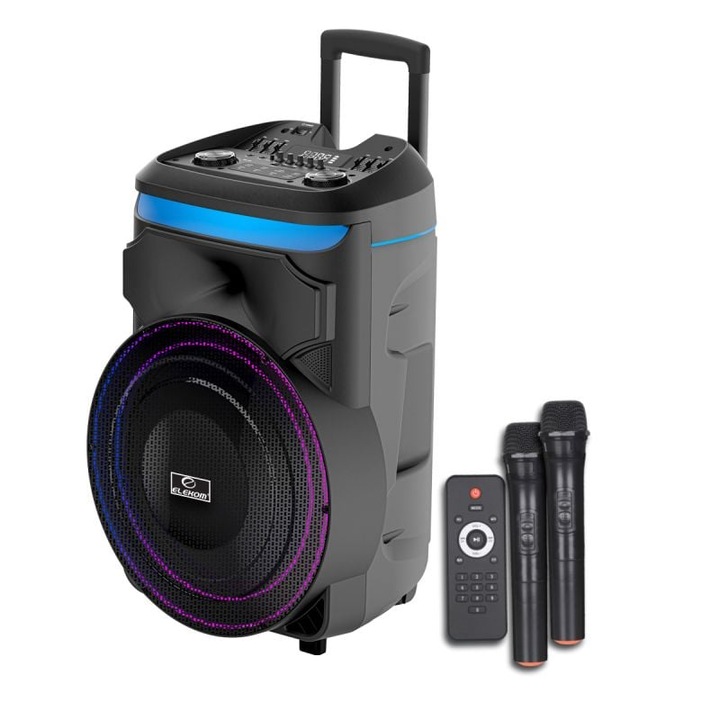 Преносима Тонколона Elekom EK-11 XB, 18" EXTRA BASS, 2400 W, 2 микрофона, LED осветена, На колелца за лесно пренасяне