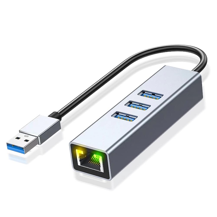 USB хъб, Vaxiuja, 3 x USB 3.0, 1x RJ45 Gigabit 1000Mbps, сребрист