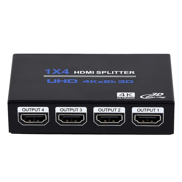 Splitter HDMI 1x4 4K, cu Amplificator 1 In 4 Out HDMI, Partajare Continut de pe O Singura Sursa HDMI catre Patru Monitoare sau, Proiectoare cu Rezolutie 3840X2160, HDMI 1.4b, Suport 3D, Vaxiuja, Negru
