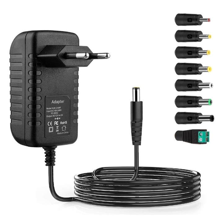 Adaptor de alimentare AC/DC universal, Vaxiuja, policlorura de vinil/plastic, 5.5x2.1 mm, 24 W, 12V, negru