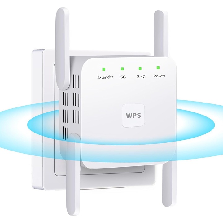 Amplificator semnal retea wireless, Vaxiuja, Range Extender, transmisie 1200Mbps, Functii Repeater, Mod AP si Router, Conexiune WPA si WPA2, 2.4GHz-5GHz, 4 antene externe, cu port LAN, Alb