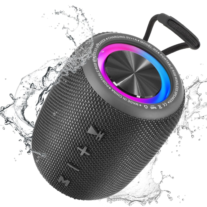 Difuzor portabil Bluetooth, difuzor wireless BT5.3 Membrane de bas 20W cu lumina cu mai multe condusa, Vaxiuja, moduri dinamice, IPX6 impermeabile, 1500 mAh, timp de joaca 16H, accepta modul FM, TF, USB pentru casa, Negru