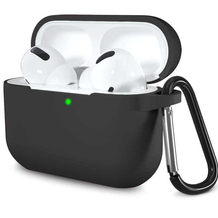 Husa Silicon Protectie pentru Apple AirPods Generatia 3, Vaxiuja, din Silicon Moale, cu Breloc Carabina, Incarcare Wireless, Negru