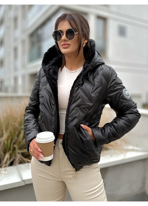 Geaca cu design modern, interior si gluga captusita cu blana, negru