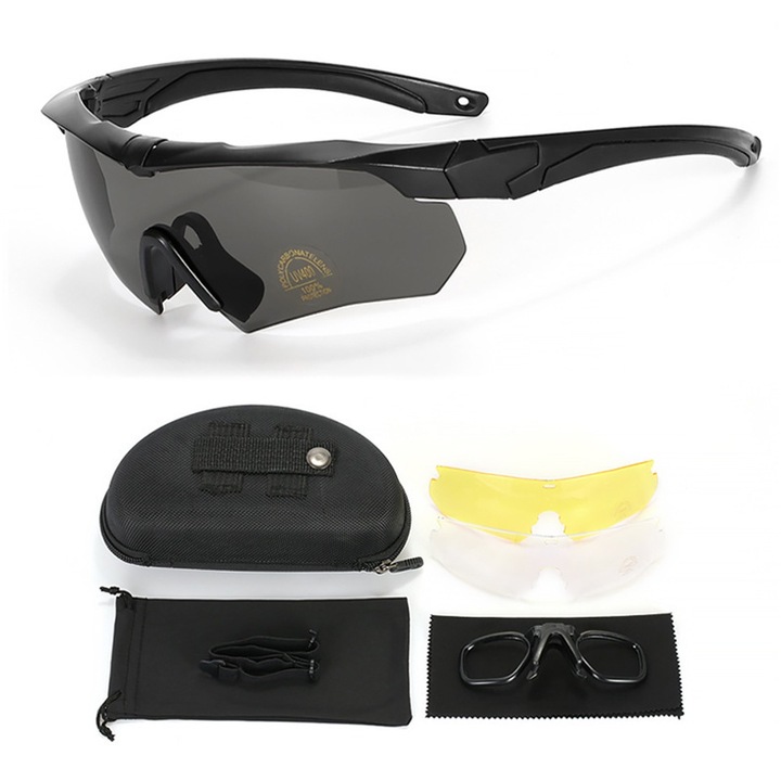 Ochelari Tactici Polarizati Combat, UV 400, cu 3 Lentile Interschimbabile din Policarbonat cu Protectie Solara sau Vedere pe timp de Noapte, Vaxiuja, negru