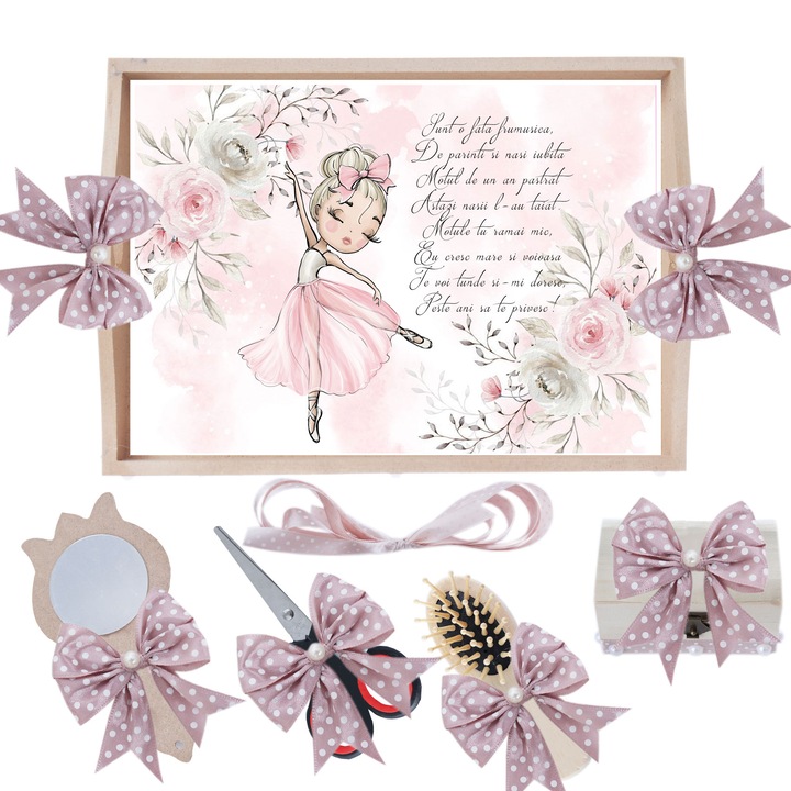 Set tava pentru taiere mot/turta, model cu Balerina, roz pudra, 6 piese, 35x20 cm, Recostore®, REC1967/290