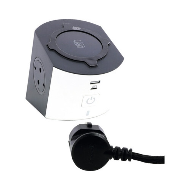 Електрически удължител, Legrand RevOlution, 2 гнезда + 1x USB + 1x USB type C + безжично зареждане, кабел 2m 2300W, с превключвател, черен/бял