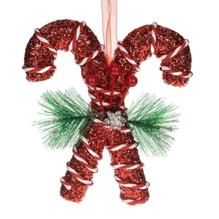 Ornament brad Craciun Antbro® baston dublu din spuma rosie/alba cu glitter si creanga de pin cu pomusoare, 15cm