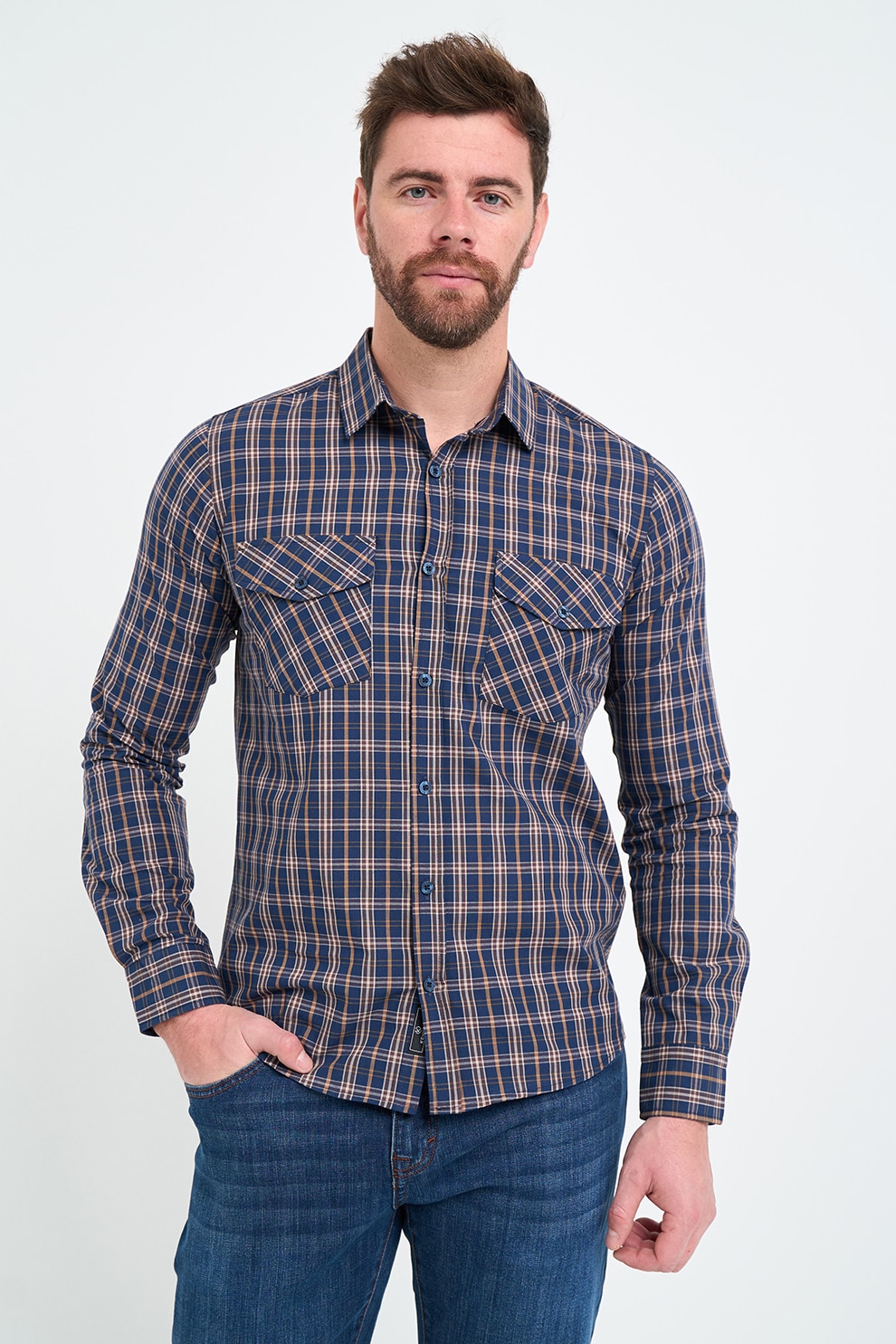 KVL by KENVELO, Camasa cu maneci lungi si model in carouri, Albastru inchis, Maro deschis, XL