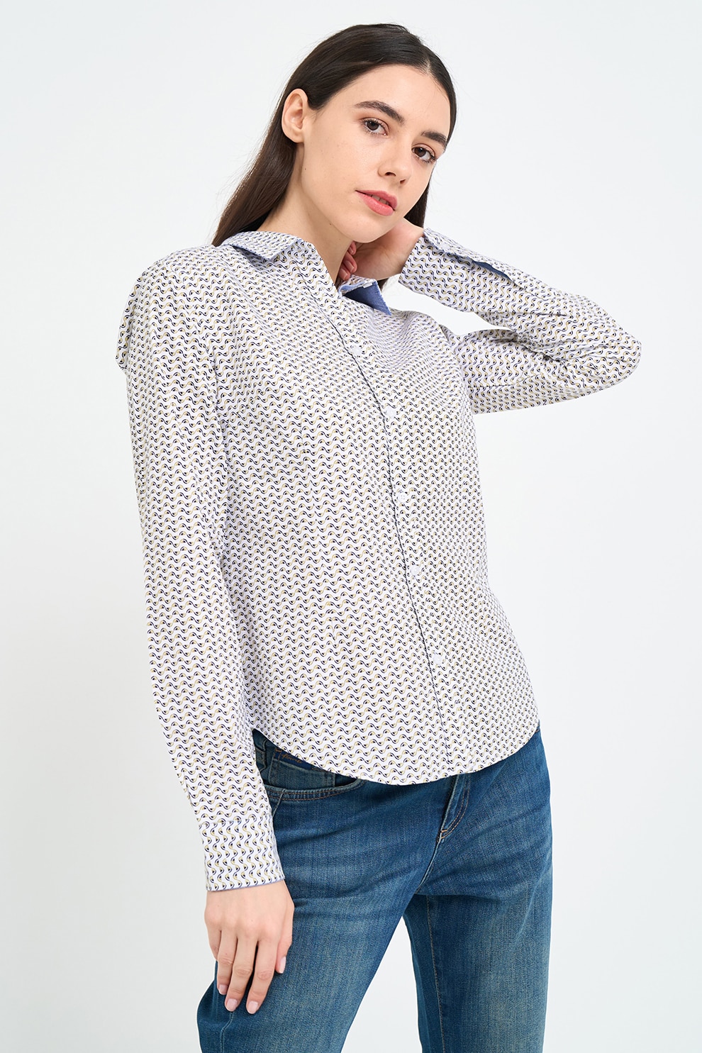 KVL by KENVELO, Camasa cu model si guler ascutit, Alb, Albastru ultramarin, Maro deschis, XS