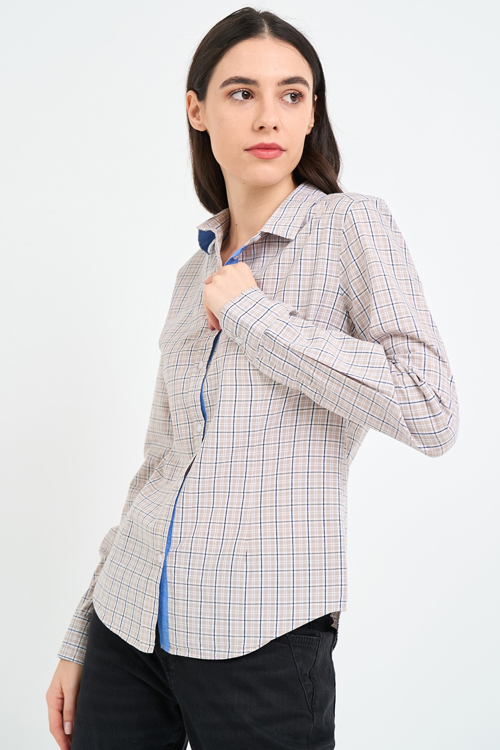 KVL by KENVELO, Camasa cu maneci lungi si model in carouri, Alb, Albastru inchis, Bej deschis, L
