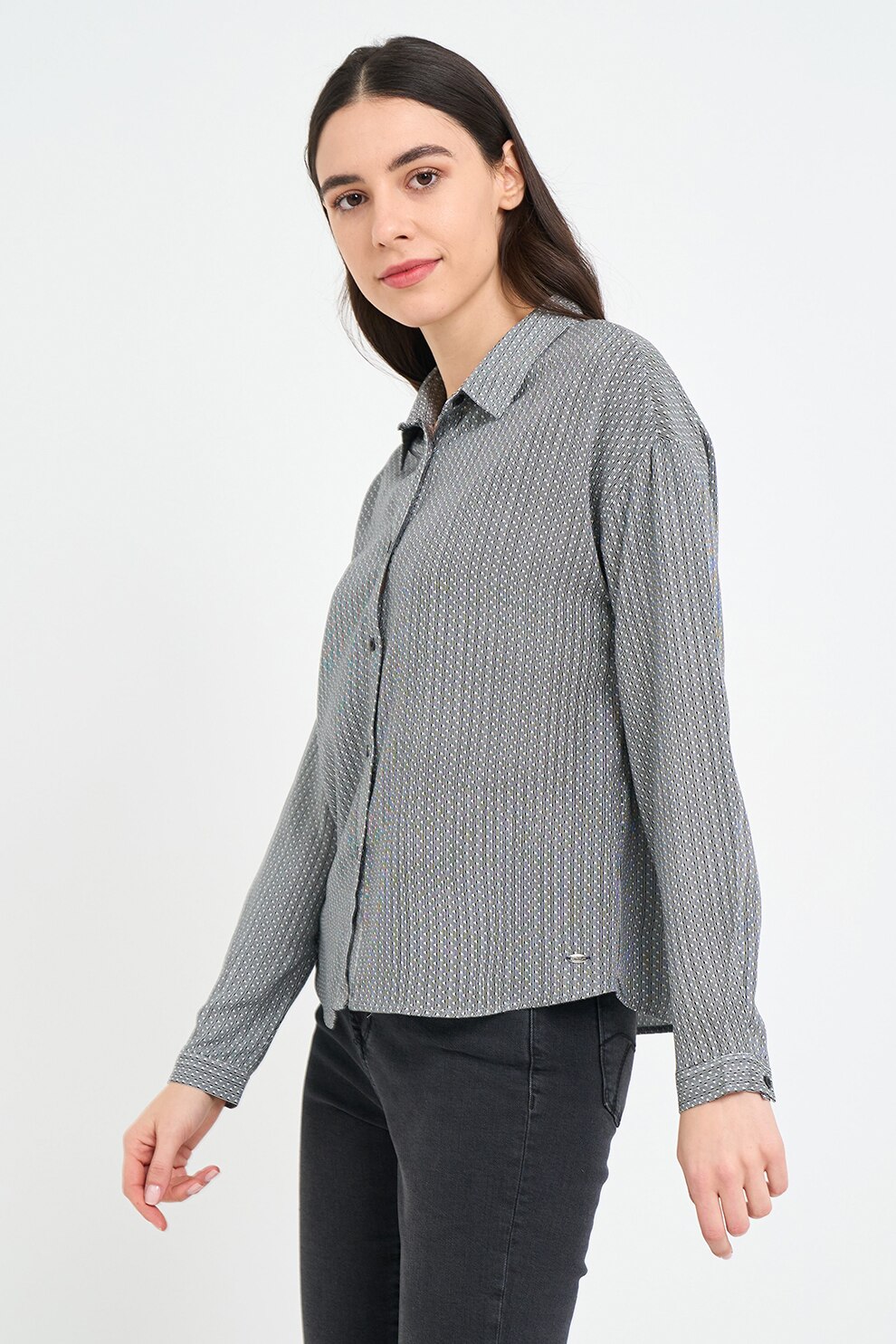TIMEOUT, Camasa cu imprimeu geometric, Alb, Negru, S